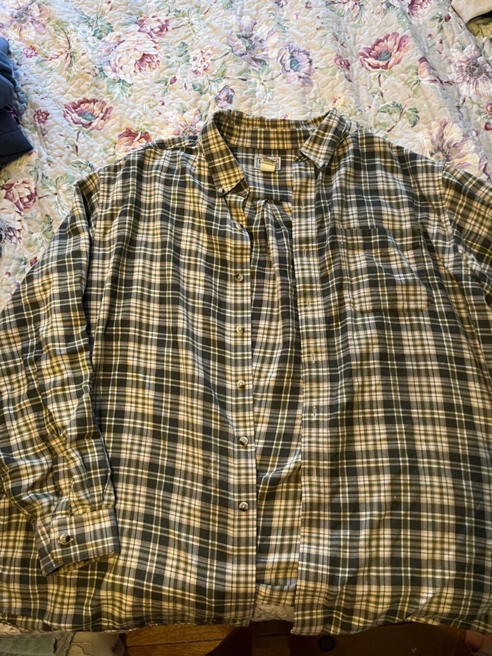L.L. Bean Olive Green and Cream Plaid Button-Down Shirt